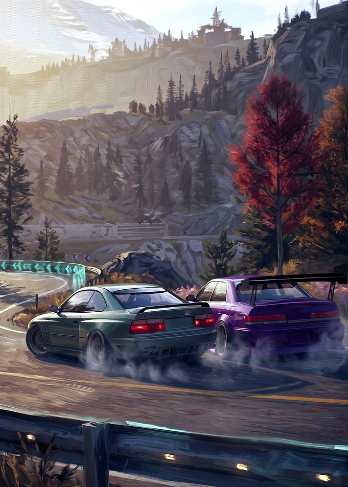 Drifting Sports Cars on Mountain Road