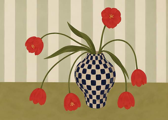 Red Tulips in Checkered Vase