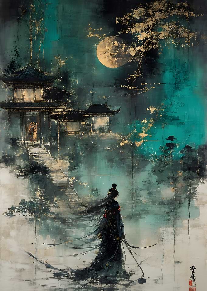 Ethereal Moonlit Temple and Figure