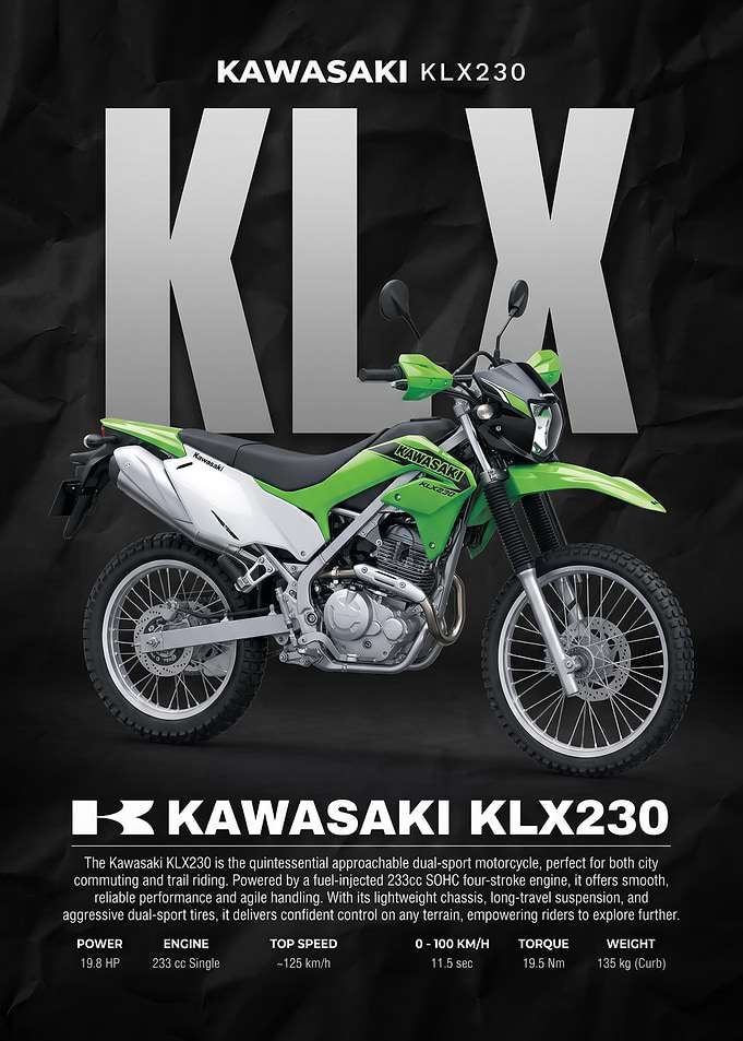 sleek Kawasaki KLX230 Dual-Sport Motorcycle Poster