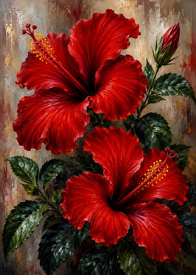Vibrant Red Hibiscus Oil Painting