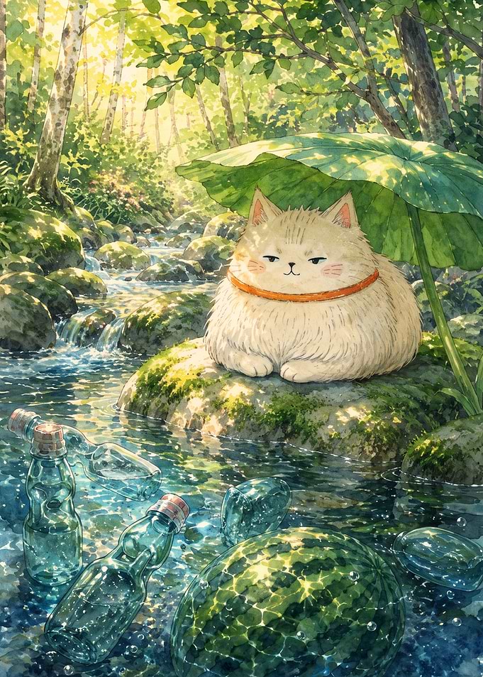 Fluffy Cat Resting by Forest Stream