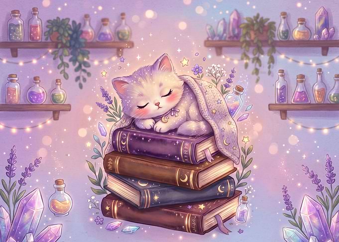 Cute Kitten Sleeping on Magic Books