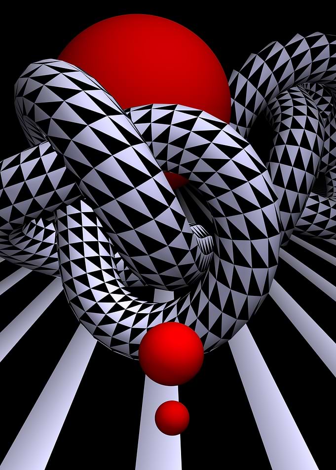 Abstract Geometric Red and Monochrome Spheres and Knots in OpArt Design