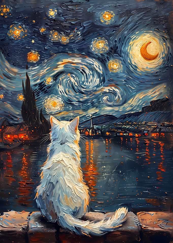 White Cat Watching Starry Night
