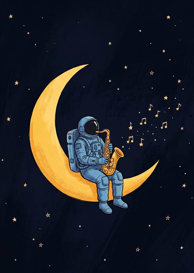 Whimsical Astronaut Playing Saxophone on the Moon