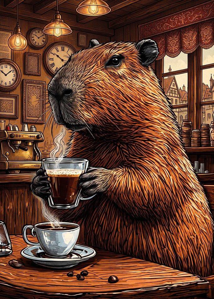 Capybara Enjoying Coffee in Vintage Cafe