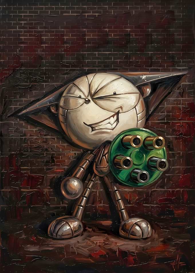 Cyborg Kuro Metallic Cartoon Character with Gatling Gun