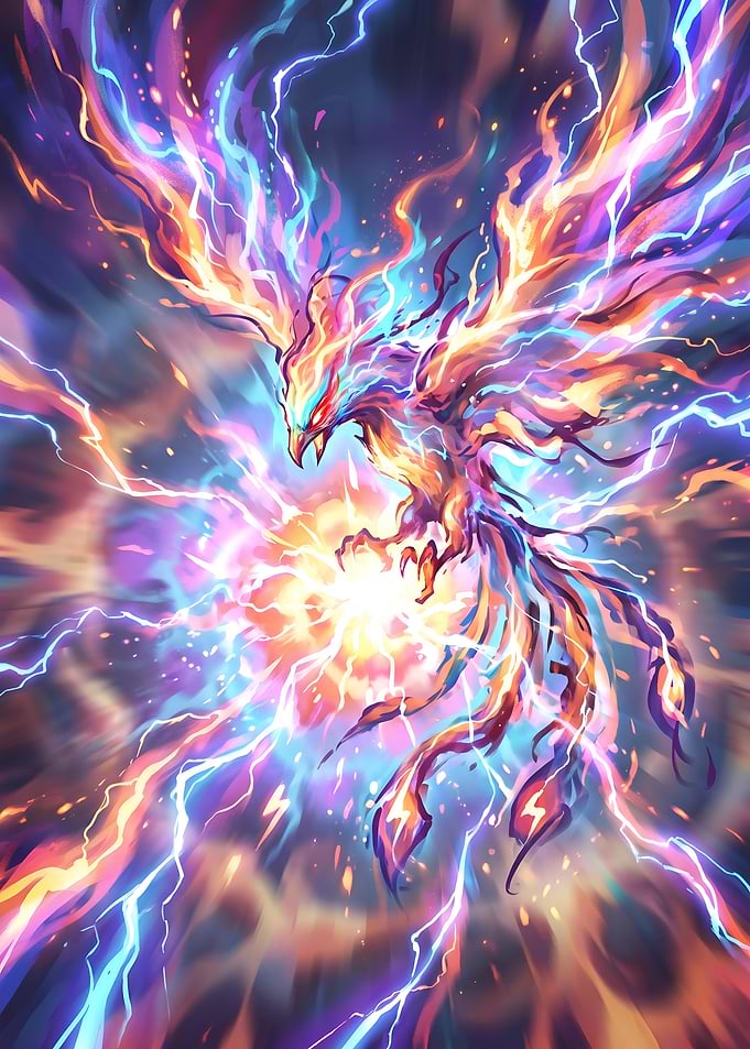 Fiery Phoenix Rising in Electric Lightning