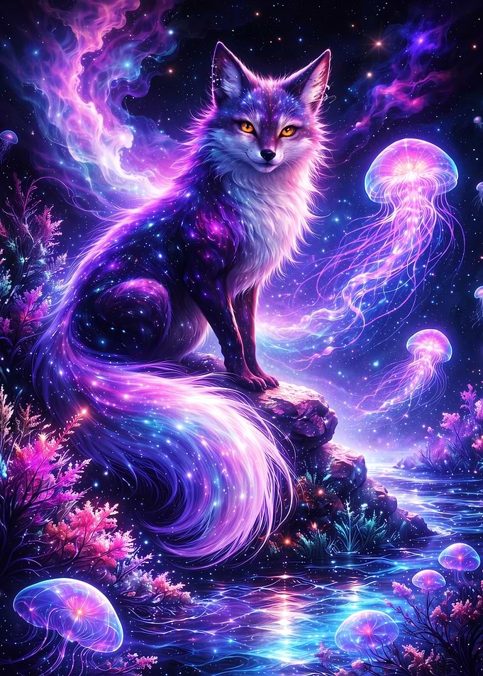 Cosmic Fox with Glowing Jellyfish