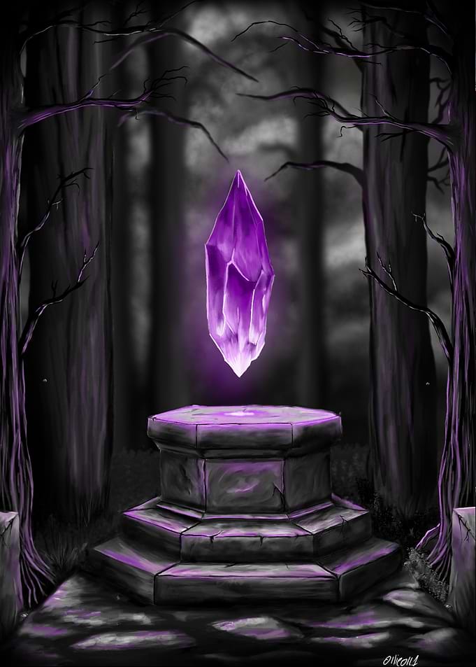 Glowing Purple Crystal on Stone Pedestal