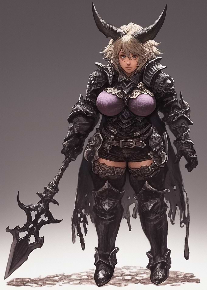 Horned Female Warrior in Dark Armor