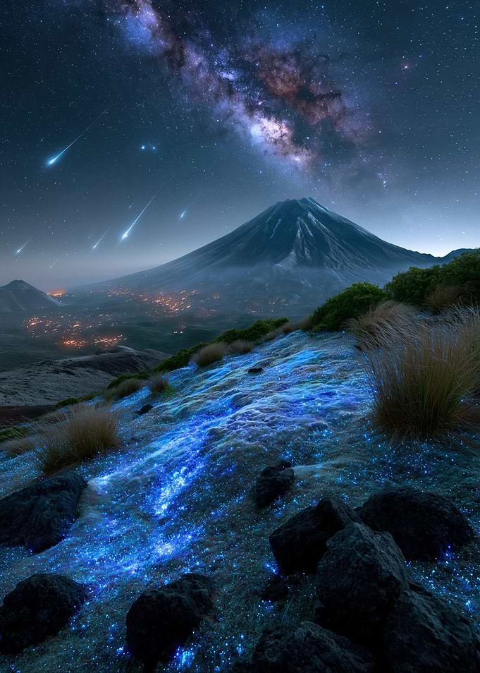 Bioluminescent Mountain Landscape Under Milky Way