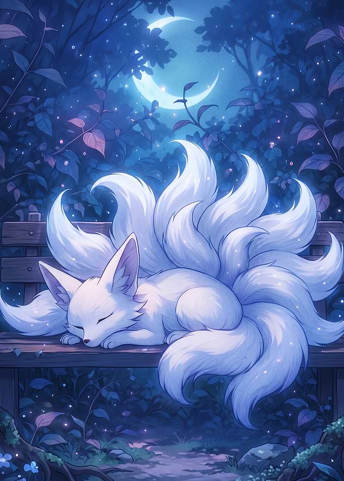 Sleeping Nine-Tailed Fox in Moonlight