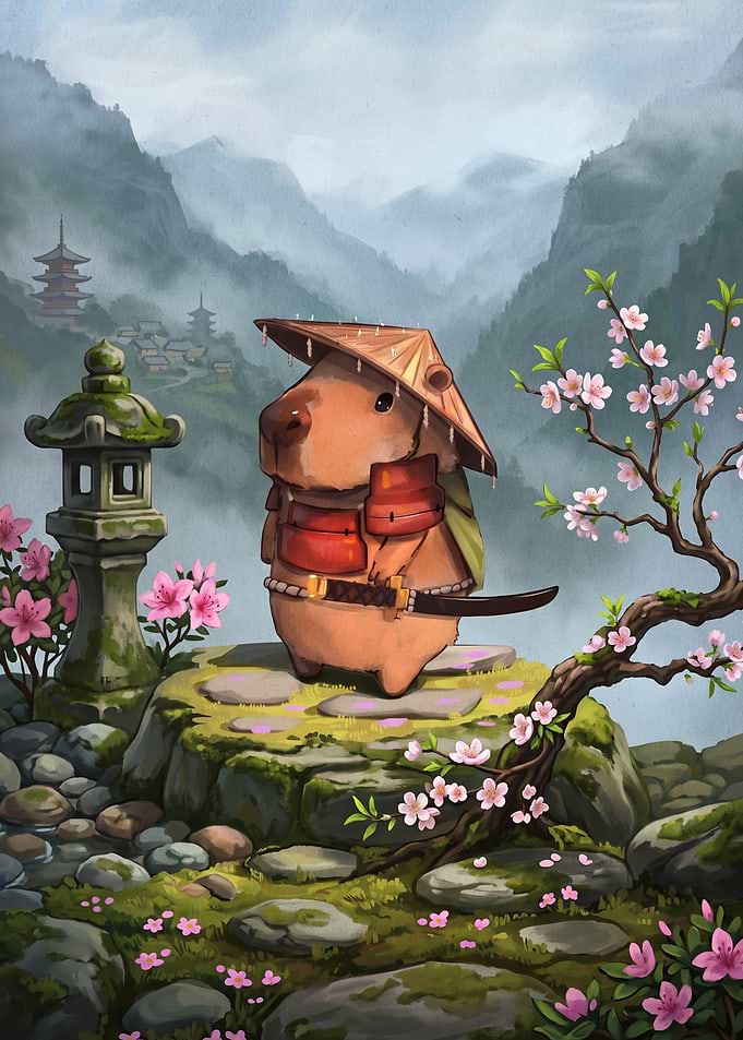 Capybara Samurai in Cherry Blossom Garden