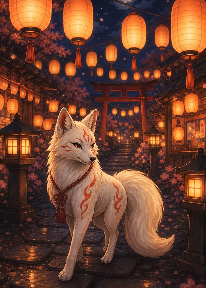 Mystical White Fox in Lantern Shrine