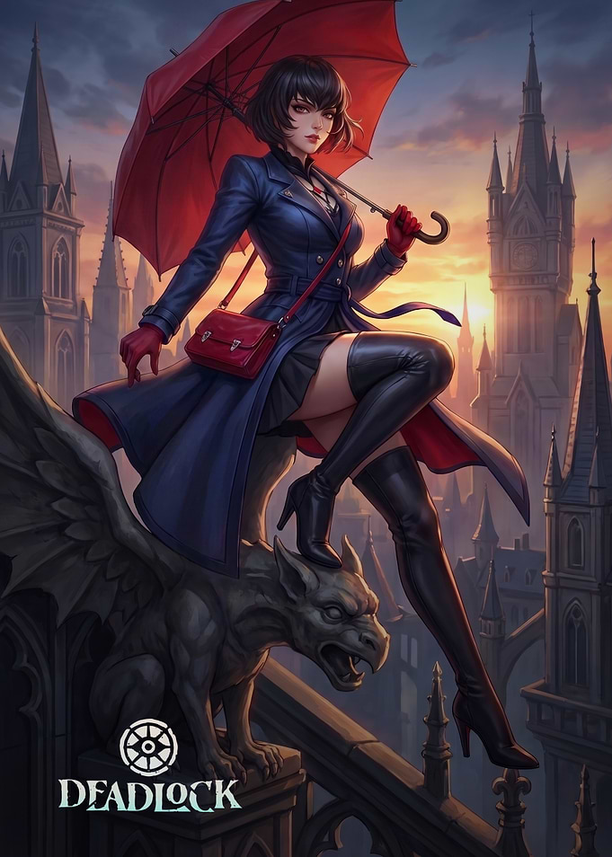 Deadlock character perched on gargoyle