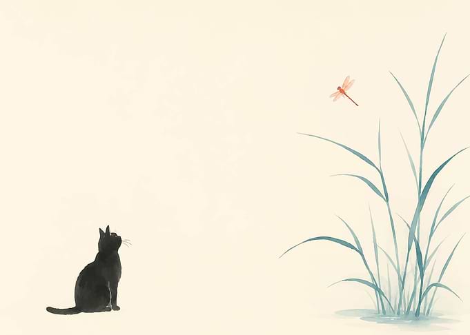 Black Cat Watching a Dragonfly