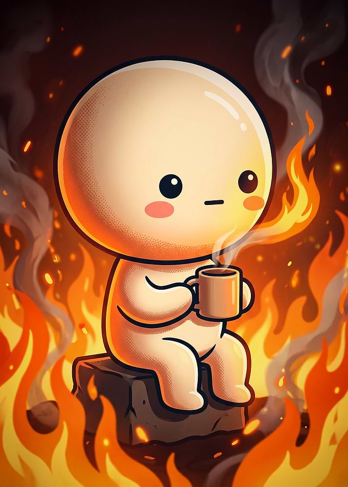 Cute character sitting in fire