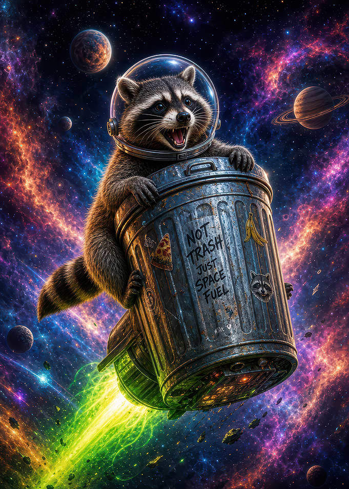 Astronaut Raccoon Riding Trash Can Rocket
