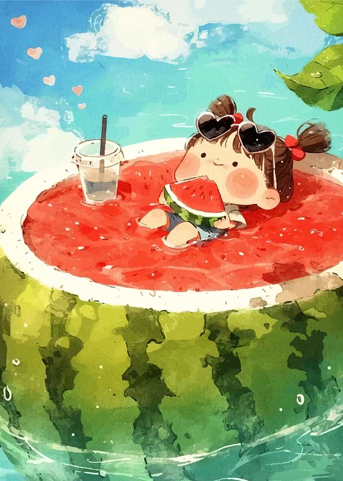 Cute Girl Relaxing in Watermelon Pool