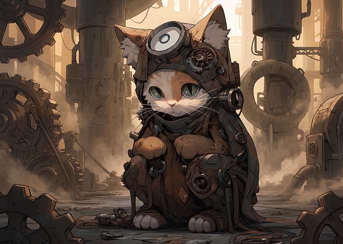 Steampunk Kitten in Industrial Workshop