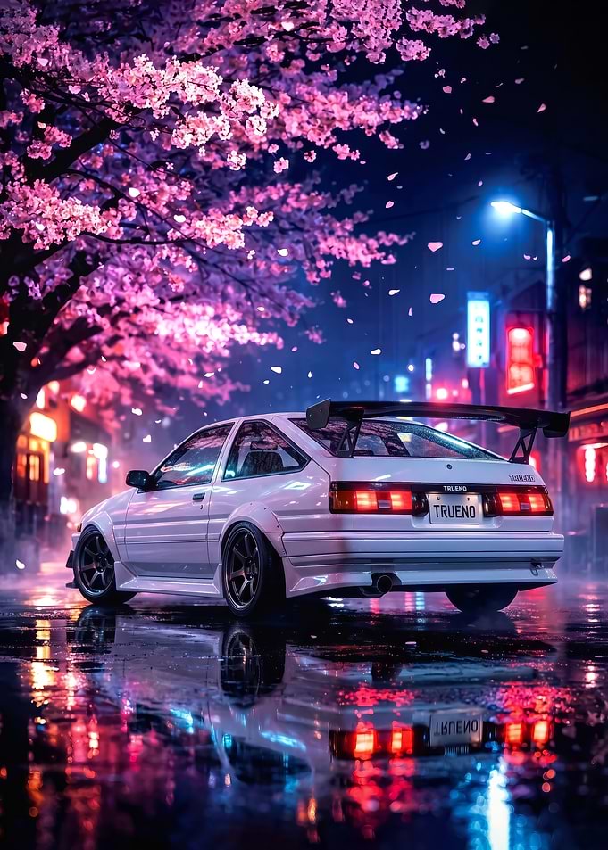 in japan Toyota AE86 Trueno Under Cherry Blossoms