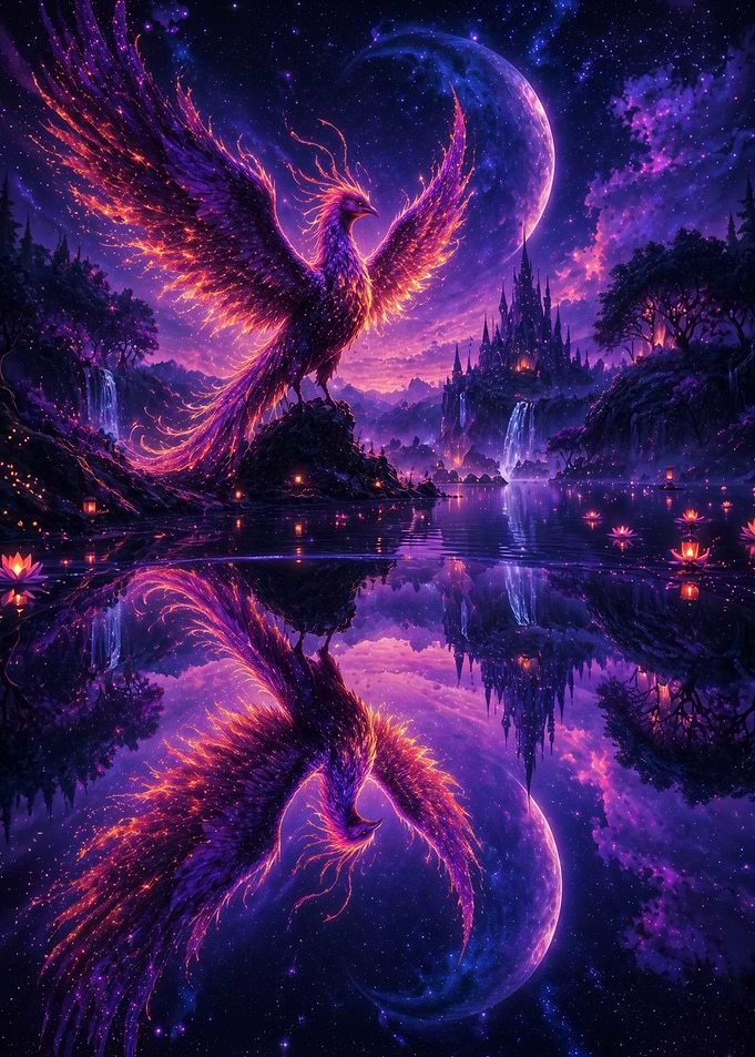 Majestic Phoenix Over Enchanted Lake