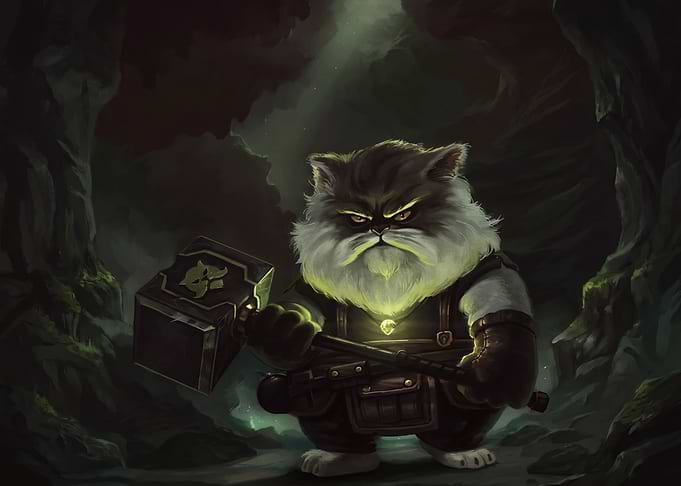 Grumpy Warrior Cat with Warhammer