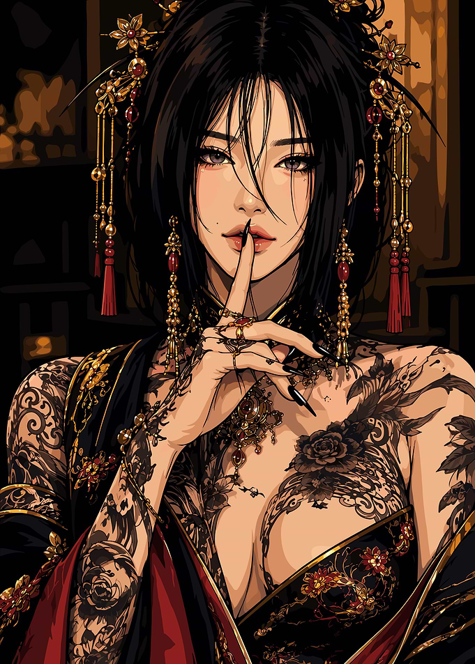 Elegant Tattooed Woman in Traditional Attire