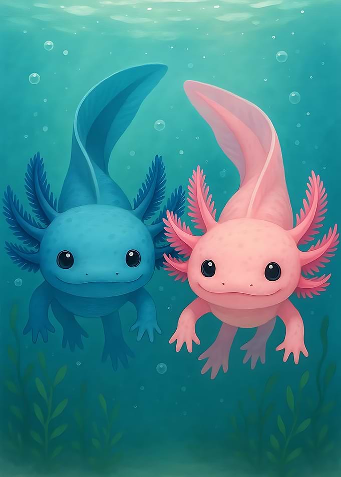Cute Blue and Pink Axolotls