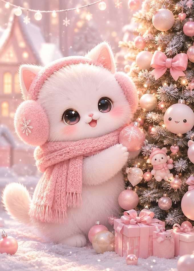 Cute White Kitten Decorating Christmas Tree