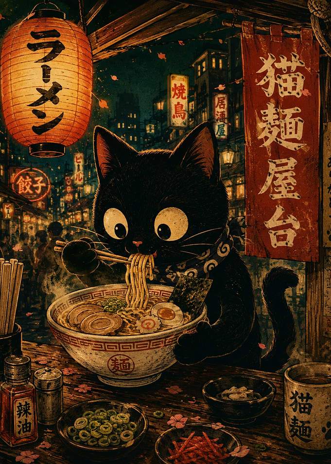 Black Cat Eating Ramen at Night