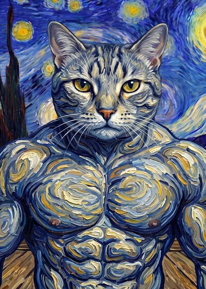 Muscular Cat in Starry Night Style