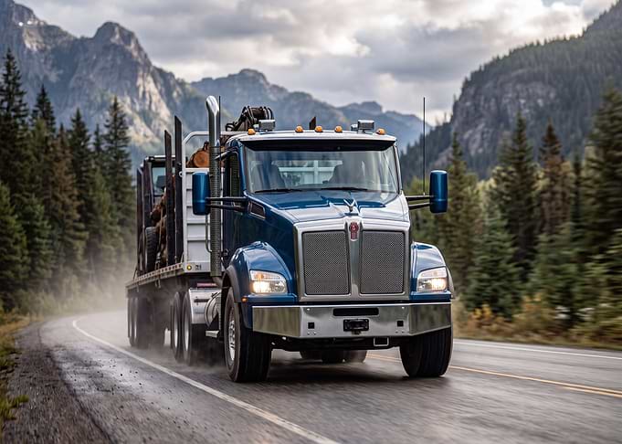 Blue Kenworth Logging Truck on Highway