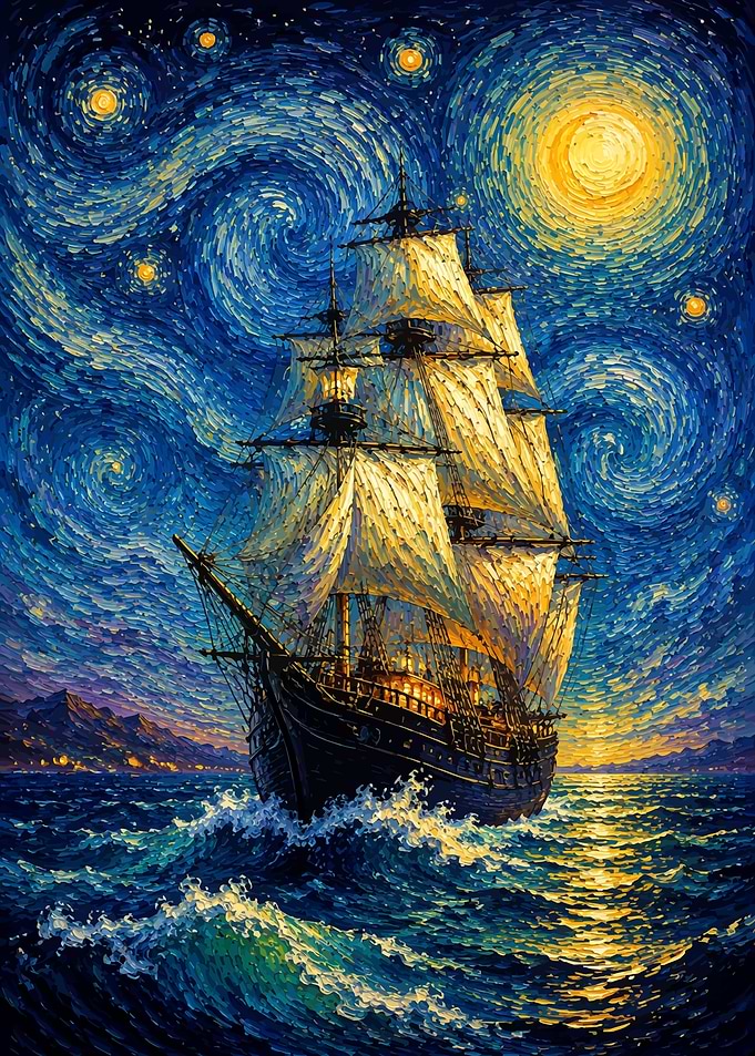 Tall Ship Under Starry Night Sky