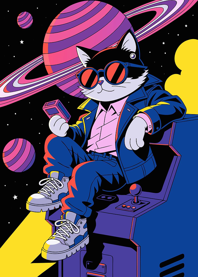 Retro Space Cat Gamer Illustration