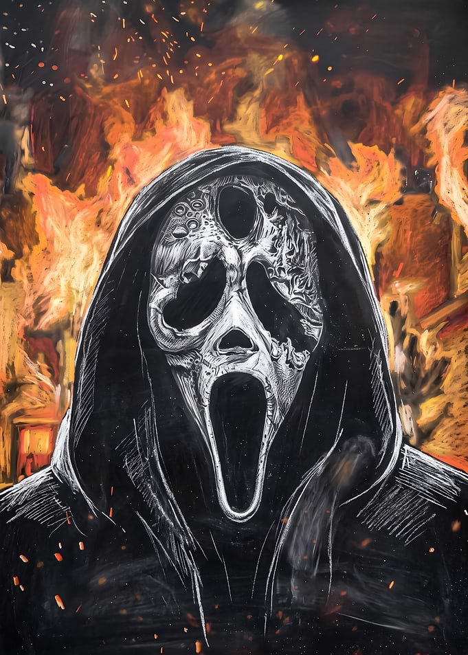 Ghostface Mask in Fire Artwork