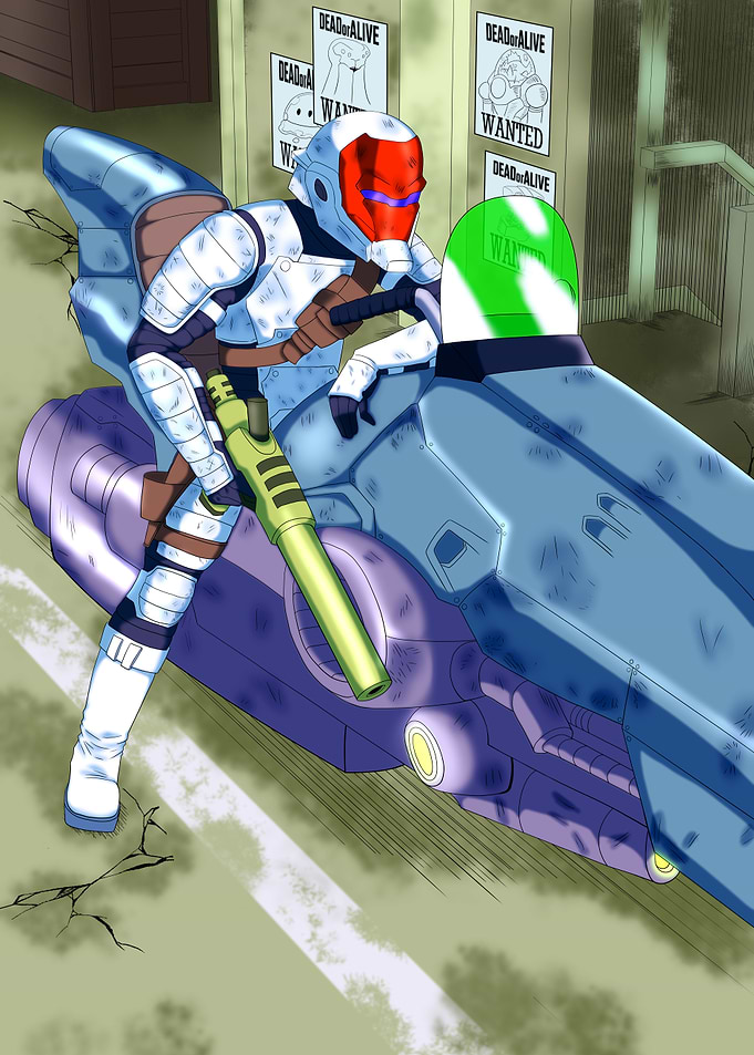 Futuristic Bounty Hunter Biker with Sci-Fi Weapon