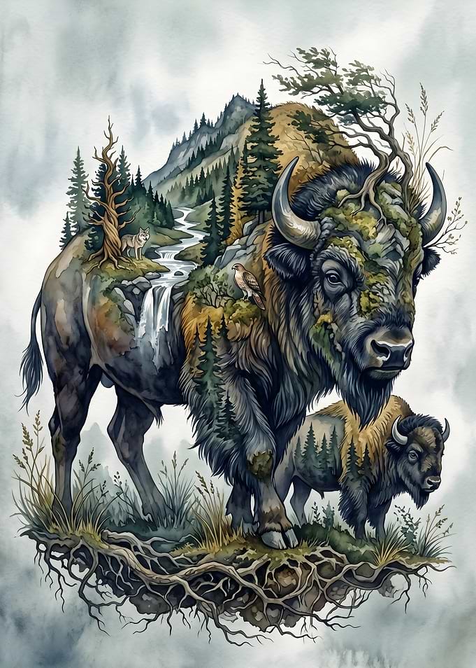Double Exposure Bison and Mountain Landscape