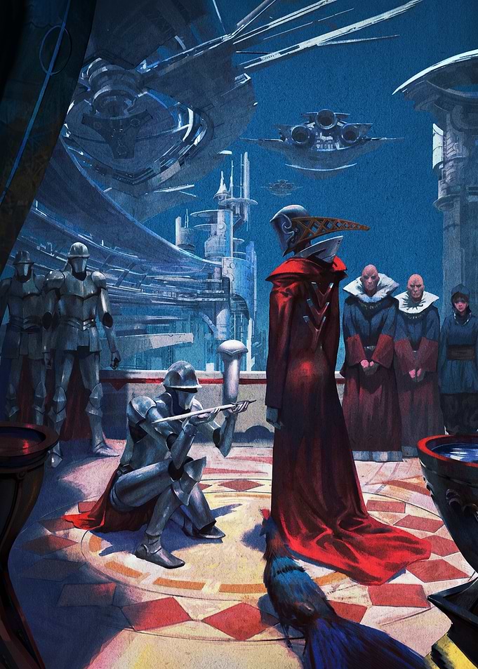Sci-Fi Knight Kneeling Before Royalty
