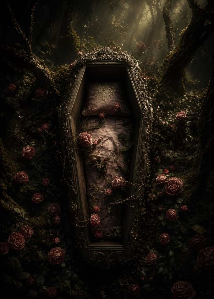 Gothic Coffin Amidst Dark Forest Roses