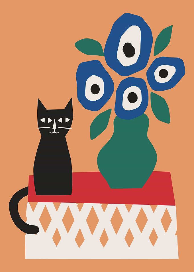 Black Cat and Blue Flowers Illustration