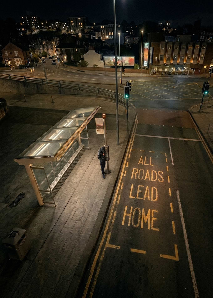 Night Bus Stop with Inspirational Text