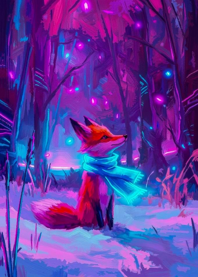 Neon Fox in Enchanted Winter Forest