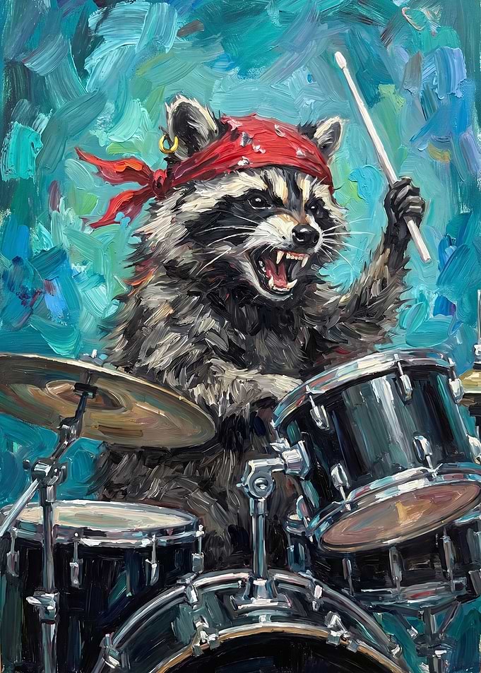 Rockstar Raccoon Playing Drums