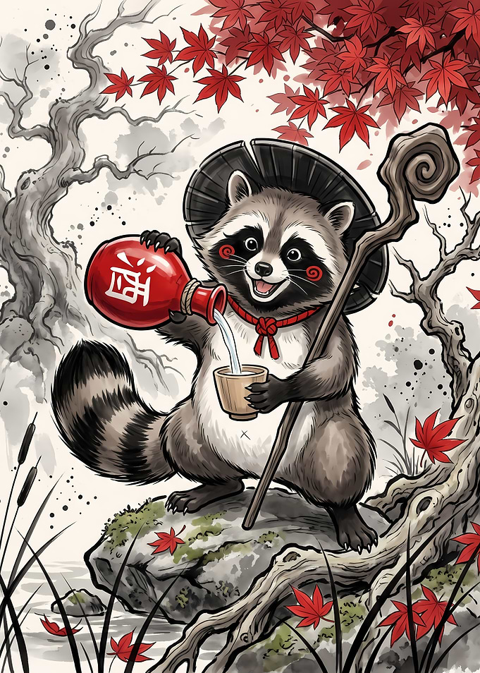 Tanuki Raccoon Pouring Sake Illustration