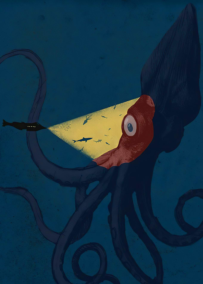 Submarine Spotting a Giant Squid
