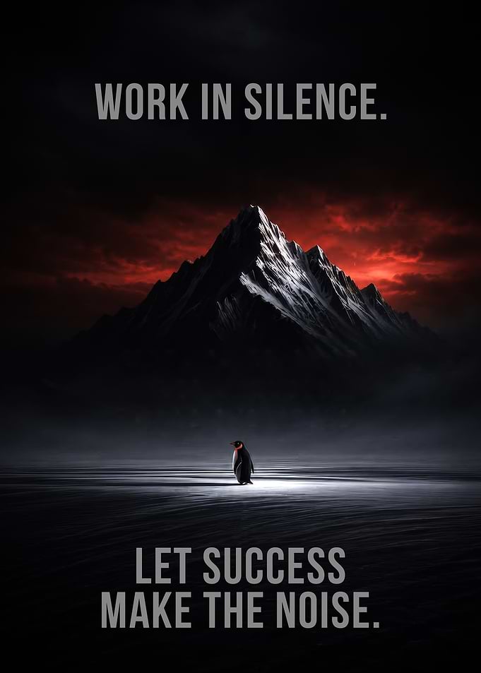 Work in Silence Inspirational Penguin Poster