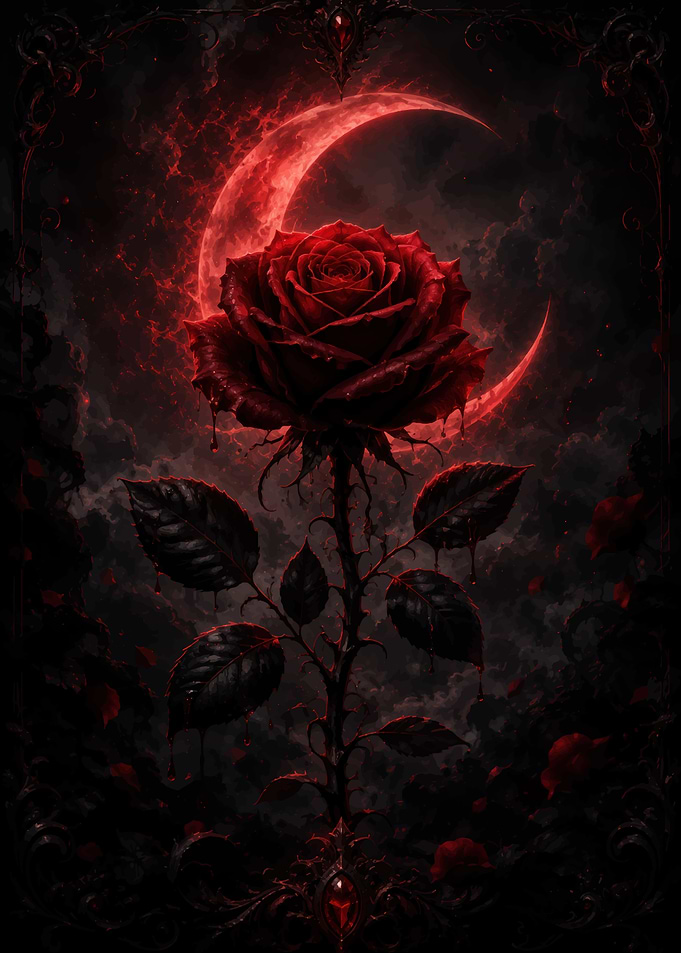 Gothic Red Rose Under Blood Moon